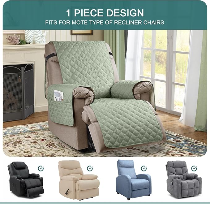 Ruaozz 100% Waterproof Recliner Chair Cover Non-Slip Oversized Reclining Cover for Large Recliner Chair Washable Chair Seat Cover with Elastic Straps for Kids, Dogs, Pets (Sage Green, 28'')