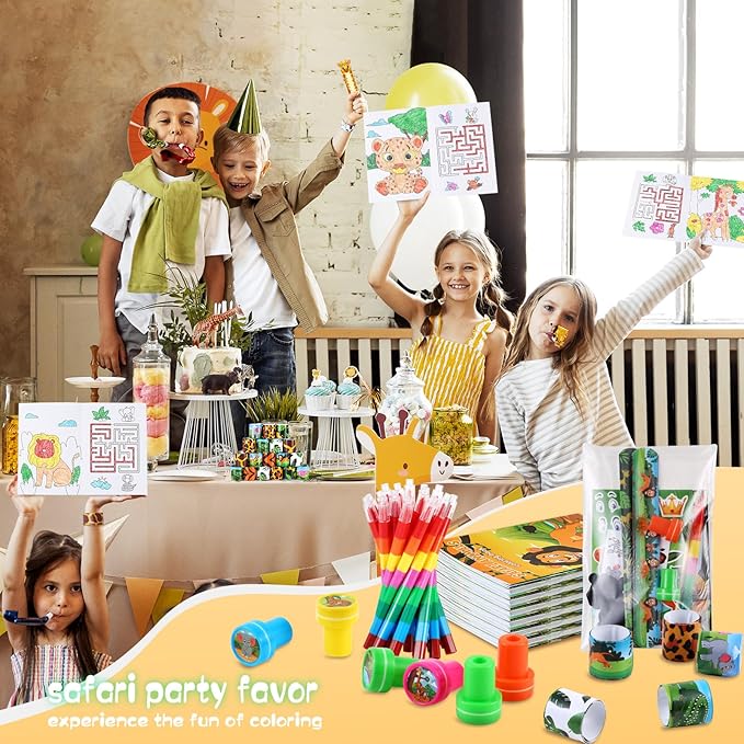 BenLouis 192Pcs Jungle Safari Party Favors Zoo Animals Coloring Books Crayons Sticker Stampers Slap Bracelets Set Bulk Classroom Prizes for Kids Wild One Party Baby Shower Goodie Bags Fillers