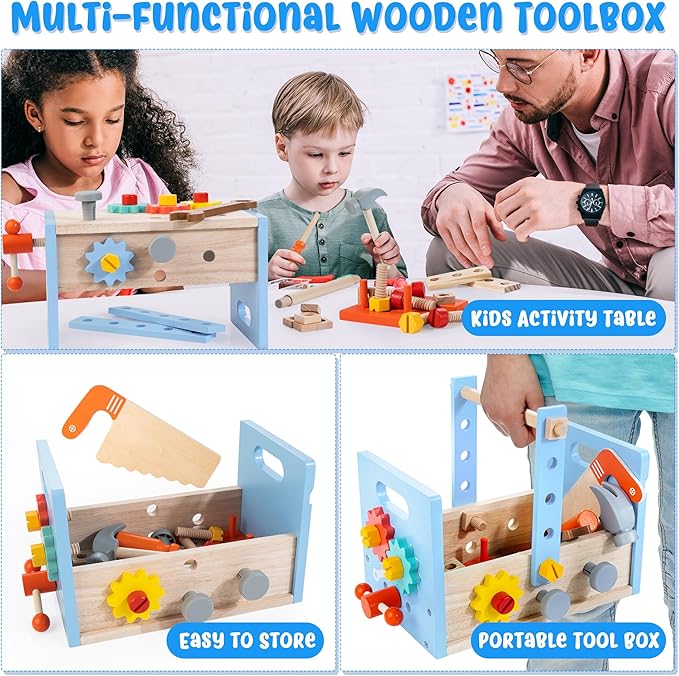 Bravmate Wooden Tool Set for Kids 2-5 Years Old - 38pcs Take-Along Toddler Tool Kit with Tool Box, STEM Montessori Toys Christmas Birthday Gift for 2 3 4 5 Year Old Boys Girls