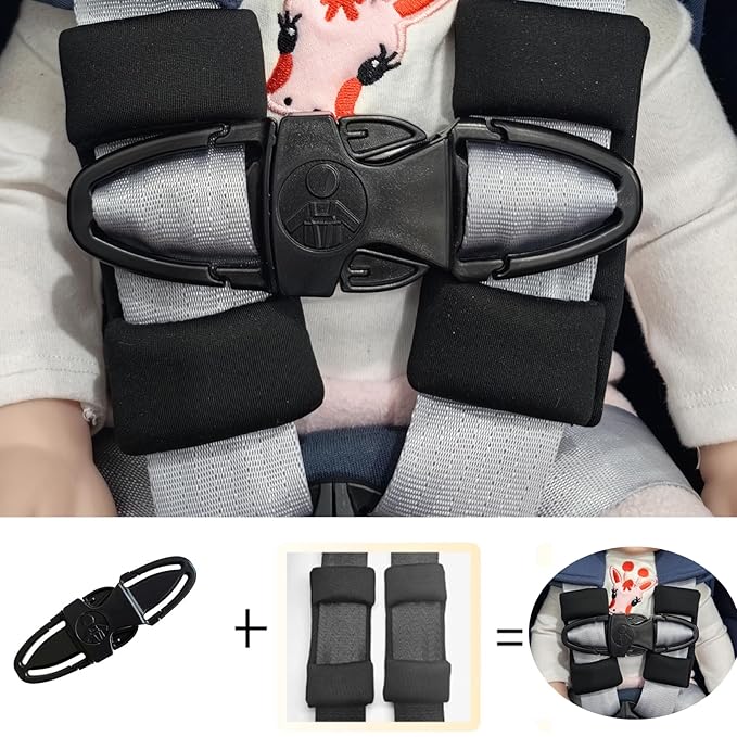 Universal Child Car Seat Chest Harness Clip Universal Safer Belt Clip Buckle Lock Stroller Chest Clip Adjustable Guard for Baby and Kids (Chest Clip and Pad Set-Black2)