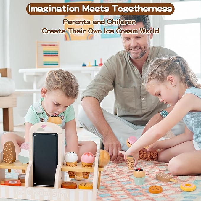 Wooden Ice Cream and Coffee Play Set for Kids, Pretend Play Toy Ice Cream Shop & Coffee Maker for Toddlers Ages 3-5, for Boys & Girls