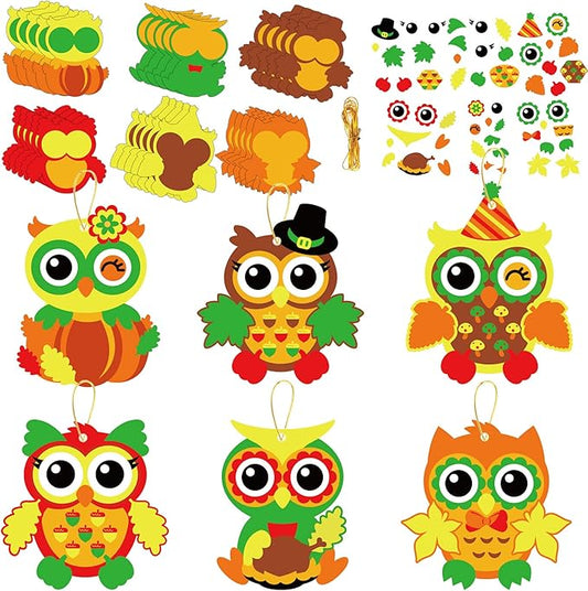 chiazllta 30 Packs Thanksgiving Fall Craft for Kids Thanksgiving Owl DIY Art Craft with Fall Autumn Leaves Pumpkins Stickers Make Your Own Owl Set for Kindergarten Home Class Game Activities