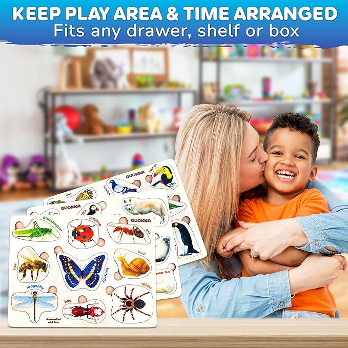QUOKKA Wooden Puzzles for Toddlers – 3xSET Toddler Puzzles AES – Montessori Insects Toy Puzzles for Toddlers – Wood Toy Learning Realistic Insects, Arctic Animals, Birds for Boy and Girl