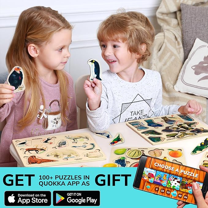 QUOKKA Wooden Puzzles for Toddlers – 3xSET Toddler Puzzles AES – Montessori Insects Toy Puzzles for Toddlers – Wood Toy Learning Realistic Insects, Arctic Animals, Birds for Boy and Girl