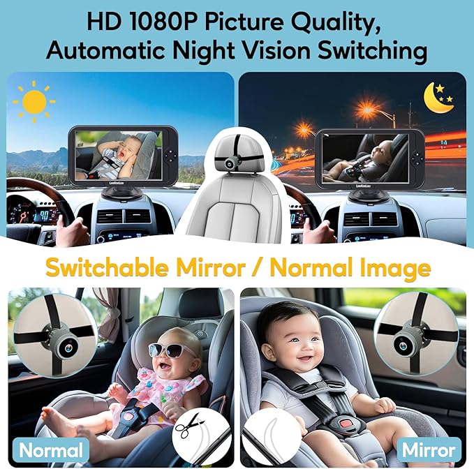 Baby Car Camera for Backseat 1080P - HD Crystal Night Vision, Easy to Install, 360° Rotation, Protect Baby's Eye, Perfect for Grey Car Interiors, Rear Facing Backseat Camera for Newborn, Infant, Kids