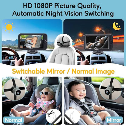 Baby Car Camera for Backseat 1080P - HD Crystal Night Vision, Easy to Install, 360° Rotation, Protect Baby's Eye, Perfect for Grey Car Interiors, Rear Facing Backseat Camera for Newborn, Infant, Kids