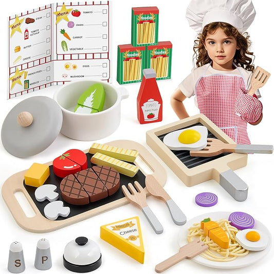 Wooden Play Kitchen Accessories for Toddlers 3-5, Play Food Sets for Kids Kitchen with Costume & Steak & Pasta & Utensils, Pretend Cooking Toys Christmas Birthday Gifts for Girls Boys 3 4 5 6