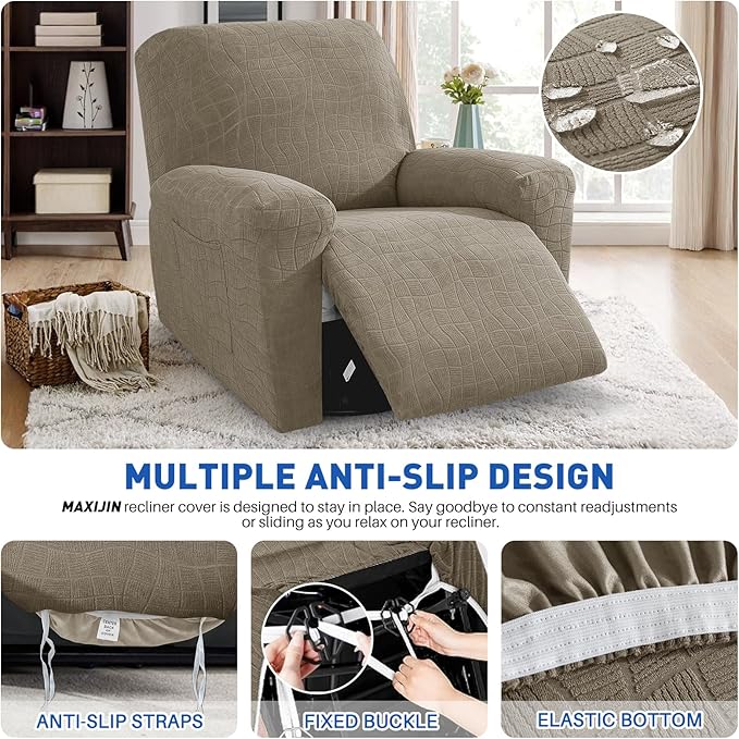 MAXIJIN Waterproof Recliner Covers for Large Recliner 3 Pieces Oversized Recliner Chair Covers, Washable Lazy Boy Reclining Slipcovers with Pockets for Pet, Kids (XL Recliner, Khaki New)