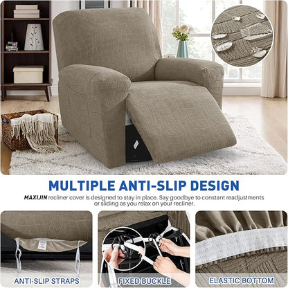 MAXIJIN Waterproof Recliner Covers for Large Recliner 3 Pieces Oversized Recliner Chair Covers, Washable Lazy Boy Reclining Slipcovers with Pockets for Pet, Kids (XL Recliner, Khaki New)