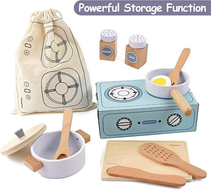 Wooden Toy Pots and Pans Cookware Playset for Kids Kitchen,Toddler Cooking Set,Pretend Play Kitchen Accessories for Toddlers Boys Girls Ages 3+