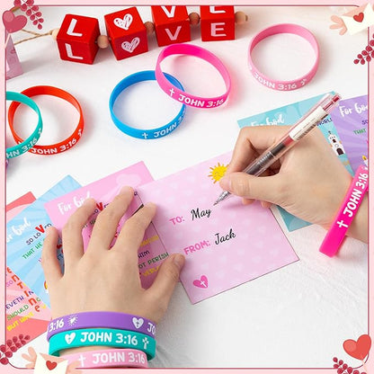 WATINC John 3: 16 Valentine's Day Cards with Bracelets Gift Set, 36 Pack Religious Wristbands Bulk Exchange Gifts, Christian Valentine Classroom Prize Award Sunday School Party Favor Supplies for Kids