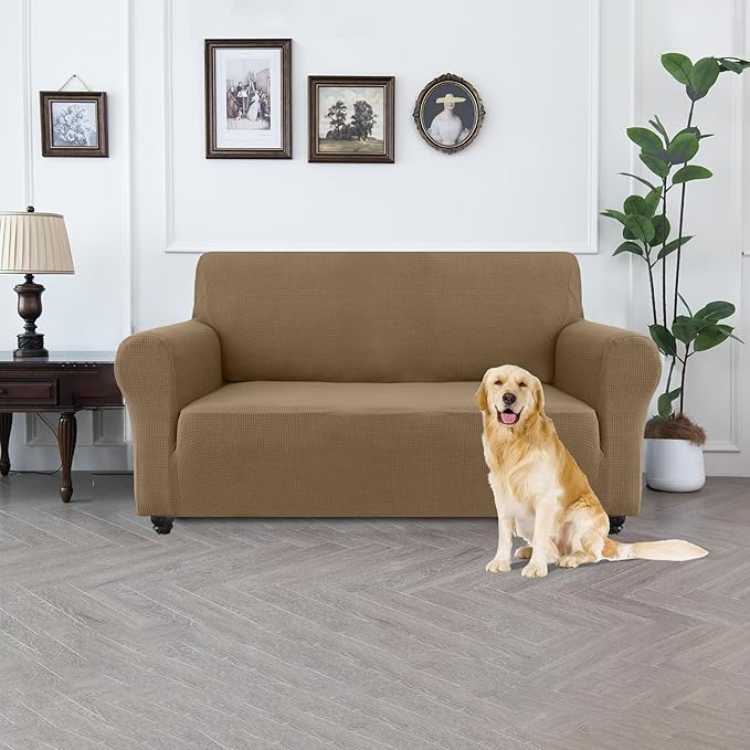 100% Waterproof Jacquard Fabric Couch Cover, Dual Layer with TPU Film, Leakproof High Elasticity Non-Slip Washable Furniture Protector for Pets, Dogs, Cats and Kids (Loveseat,Leather Brown)