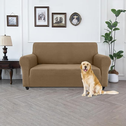 100% Waterproof Jacquard Fabric Couch Cover, Dual Layer with TPU Film, Leakproof High Elasticity Non-Slip Washable Furniture Protector for Pets, Dogs, Cats and Kids (Loveseat,Leather Brown)