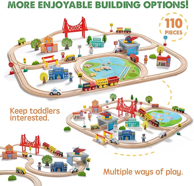 Tiny Land Train Set 110pcs Wooden Train Set, Toy Train for Boys & Girls with Wooden Train Track, Wooden Toys for 3-7 Years Old Toddlers & Kids, Railway Set Christmas Toys for Kids