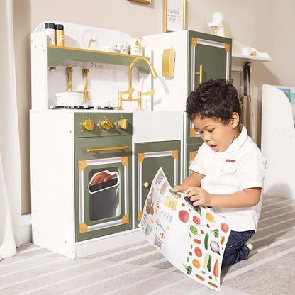 Teamson Kids Versailles Wooden Deluxe Play Kitchen Set Plus Refrigerator with Ice Dispenser and 15 Cookware Accessories, Olive Green