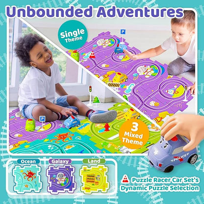 Marlo & Buzz Puzzle Racer Kids Car Track Play Set, Themed Educational Puzzles Racers Tracks with Electric Vehicles for 3+ Childrens (3 Theme (Ocean 24, pcs)
