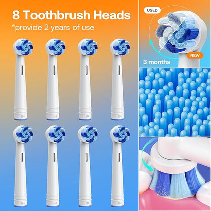 Bitvae R1 Rotating Electric Toothbrush for Adults and Kids with 60-Day Battery Life, 8 Brush Heads Rechargeable Power Toothbrush, 5 Modes, Brushing Timer, White