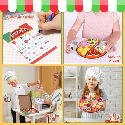 Wooden Pizza Toy 50pcs Toddler Pizza Counter Playset Kids Pretend Play Kitchen Accessories with Play Food, Bake Oven, Chef Role Play Set Xmas Birthday Gift for 3 4 5 6 Year Old Boys Girls