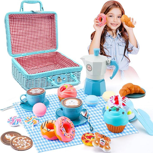 Tea Party Set for Little Girls, 30 Pcs Picnic Basket Set with Carry Case, Teapot, Tea Cup, Dessert & Table Cloth, Pretend Play Toy Gifts for Kids 4 5 6 Year Old (Blue)…