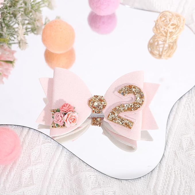 Birthday Girl bow for Baby Girls - 1st Birthday Pink Bow Headdress,Gold Glitter Birthday Bow Headband Flowers