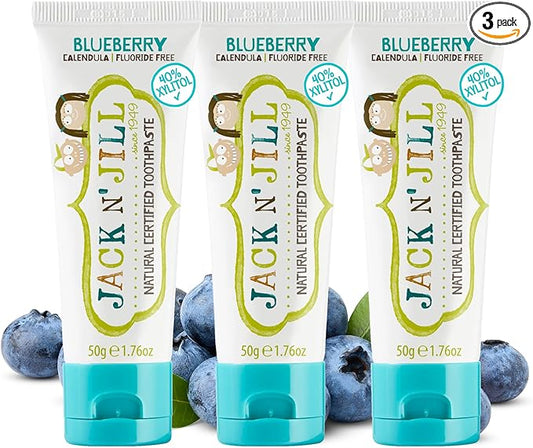 Jack N' Jill Natural Toddler Toothpaste for Baby, Kids and Infants 6 Months & Up, Fluoride Free Training Toothpaste for Toddlers 1-3 (1.76 Fl Oz (Pack of 3), Blueberry)