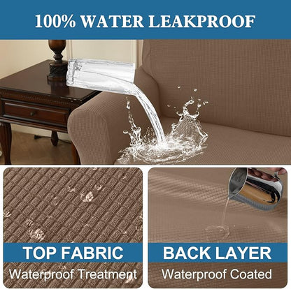 100% Waterproof Jacquard Fabric Couch Cover, Dual Layer with TPU Film, Leakproof High Elasticity Non-Slip Washable Furniture Protector for Pets, Dogs, Cats and Kids (Loveseat,Taupe)