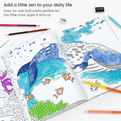 ARTEZA Kids Coloring Book and Colored Pencils Kit, 8.5x11 Inches, Sea Creature Illustrations, 50 Double-Sided Coloring Sheets, 100-lb Paper