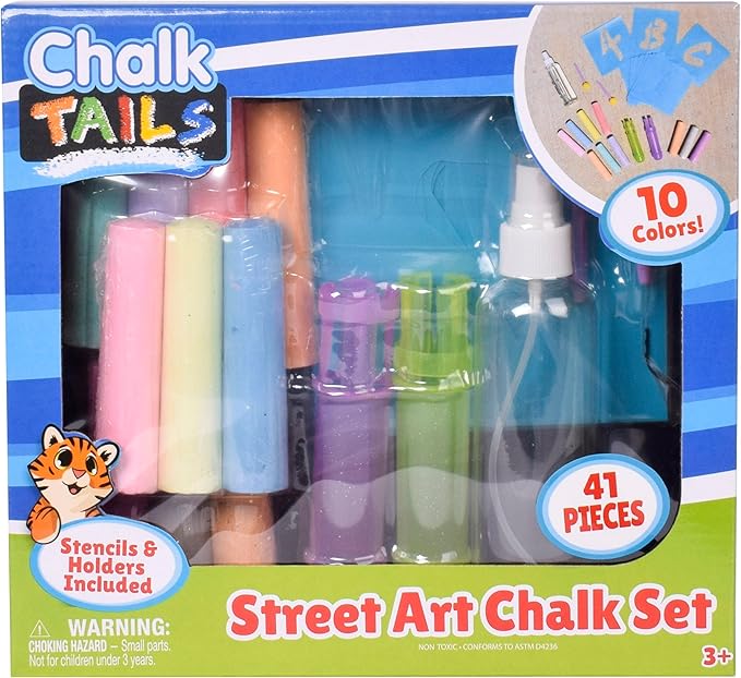 Sunny Days Entertainment, LLC. Creative Chalk Activity Set includes 35 Stencils, 10 Colors, 2 Blending Sponges, 2 Chalk Holders, 1 Spray Bottle | Activity and Games Kids Ages 3+