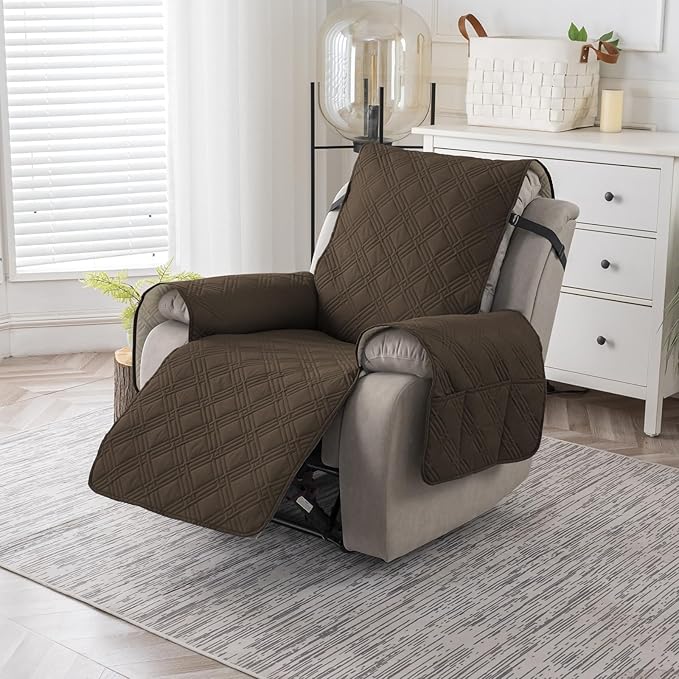 Easehomey 100% Waterproof Recliner Chair Covers, Non Slip Dog Chair Cover Furniture Protector Washable Chair Cover with Pocket, Elastic Straps for Kids,Pets,Dogs (Coffee, 23.6")