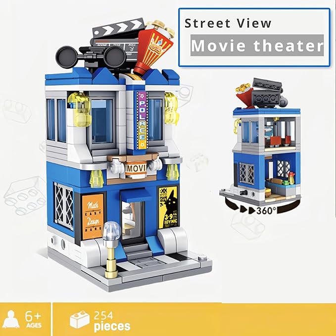 City Movie Theater Building Blocks Sets, Cute Street Store MOC Cinema 3D Toy Model Building Kit, Creative Birthday Gift for Adults/Kids Who Love Movies (253 Pieces)