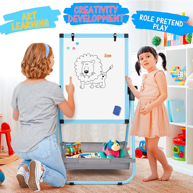WEYOUNG Easel for Kids Easel for Toddlers, Adjustable Standingg Metal Toddler Easels Whiteboard & Chalkboard for Kids, Magnetic Art Easel for Kids Age 2-4 4-8 9-12, Blue