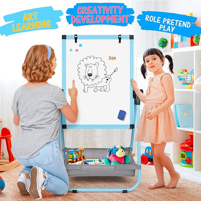 WEYOUNG Easel for Kids Easel for Toddlers, Adjustable Standingg Metal Toddler Easels Whiteboard & Chalkboard for Kids, Magnetic Art Easel for Kids Age 2-4 4-8 9-12, Blue