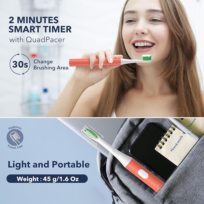 ARISSON Sonic Electric Toothbrush for Adults and Kids, 40,000 VPM Power Toothbrush, 1.5H Fast Charge Ultrasonic Electric Toothbrushes with 2 Minutes Smart Timer, White on Peach Orange