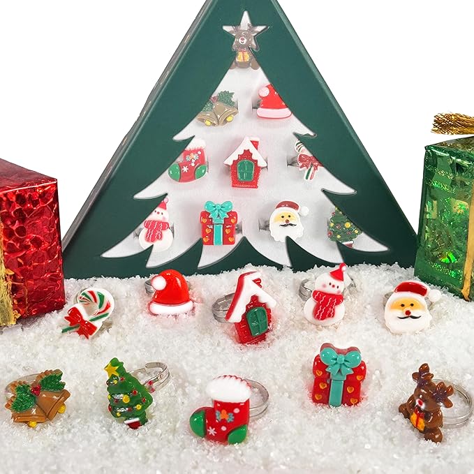 Christmas Stocking Stuffers Jewel Rings for Kids, Set of 10 Christmas-Themed Adjustable Holiday Dress-Up Rings for Girls in Christmas Tree Gift Box, Christmas Gift for Girls Age 3 4 5 6 7 8 and Up