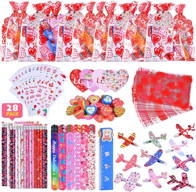 Valentines Day Gifts for Kids, 224 Pcs Valentines Day Party Favors for Kids School Classroom Exchange, 28 Pack Valentines Day Goodie Bags Stuffers with Cards Slap Bracelet Foam Airplane Pencil Eraser