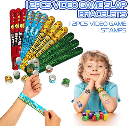 Video Game Party Favors, Gaming Birthday Party Supplies with Mini Game Player Pixel Sunglasses Finger Lights Slap Bracelet Punch Balloon Stamp Bubble Wand 92pcs Birthday Party Favors for Kids