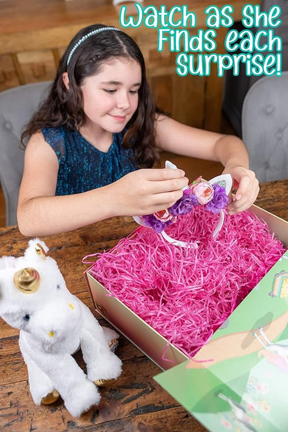The Memory Building Company Kids Toys - Large Unicorn Surprise Box for Girls and Boys w/Unicorn Plush, Coloring Book and Markers, Jewelry and Horn Headband - Awesome Gift for Girls Age 6 & Up