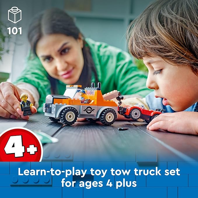 LEGO City Tow Truck and Sports Car Repair Building Set, Kids Gift Idea with 2 Minifigures and Accessories Including a Cochlear Implant, Pretend Play Tow Truck Toy for Boys & Girls Ages 4 and Up, 60435