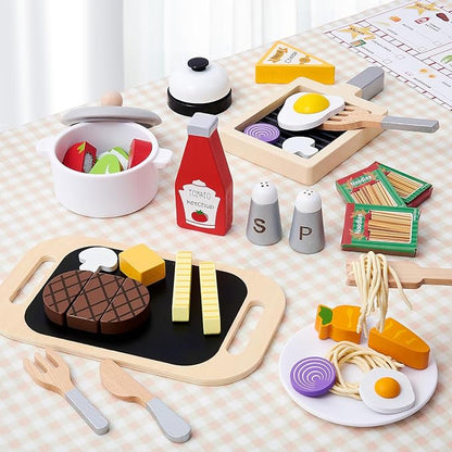 Wooden Play Kitchen Accessories for Toddlers 3-5, Play Food Sets for Kids Kitchen with Costume & Steak & Pasta & Utensils, Pretend Cooking Toys Christmas Birthday Gifts for Girls Boys 3 4 5 6