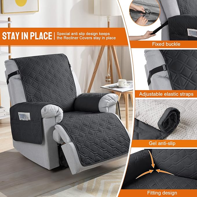 VANSOFY 100% Waterproof Recliner Chair Covers, Recliner Cover Non-Slip Dog Chair Cover Furniture Protector Washable Slipcover with Pocket, Elastic Straps for Pets, Dogs(Black, 23.6")