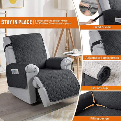 VANSOFY 100% Waterproof Recliner Chair Covers, Recliner Cover Non-Slip Dog Chair Cover Furniture Protector Washable Slipcover with Pocket, Elastic Straps for Pets, Dogs(Black, 23.6")