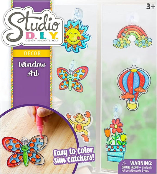 Sunny Days Entertainment Studio DIY Window Art | Kids Stained Glass Window Kit with 12 Sun Catchers, 6 Colored Paint Pens, and Bonus Sticker Sheet