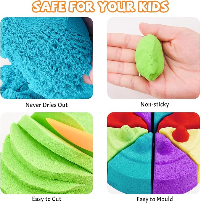Value Pack 11lbs of 5 Colored Moldable Self-Sticking Sand, Never Dries Out - Fun for Kids Bulk Refill for Sensory Sand Box Toys, Ideal for Shaping, Squeezing, Scooping, Rolling and Molding