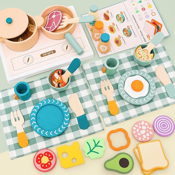 Wooden Play Cooking Set, Kids Pretend Play Kitchen Accessories Toys Set, Includes Play Plates, Pots, Bowls, Pans, Cutlery, Includes Fake Food, Gift for 3 4 5 Years Old Girls Boys for Birthday