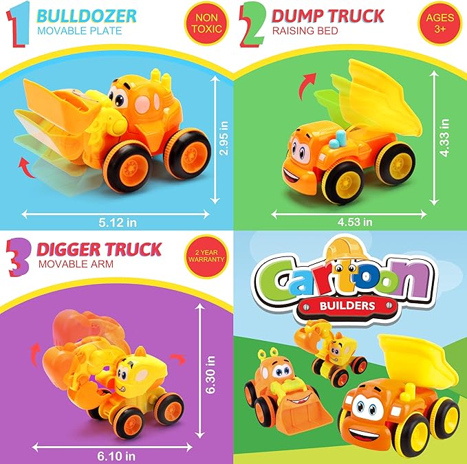 Toys for a 2 Year Old Boy - 3 Friction Powered Trucks for 2+ Year Old Boys, Push & Go Cars Cartoon Construction Vehicle Set