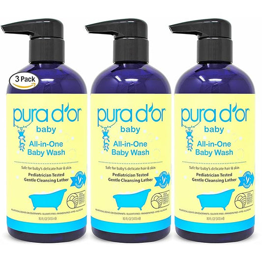 PURA D'OR All-in-One Baby Wash (16 Oz x3 = 48 Oz) USDA Biobased, Zero Sulfates 2-in-1 Baby