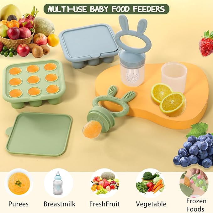 WAJIAYON Baby Breastmilk Popsicle Molds & Baby Fruit Feeder (4 Pack), Baby Food Freezer Tray Storage Containers