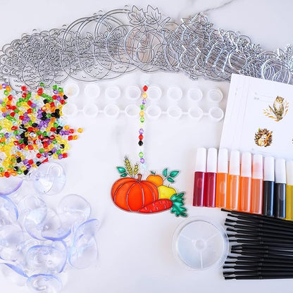 Winlyn 24 Sets Thanksgiving Suncatchers Ornaments Decorations DIY Window Paint Art Suncatchers Craft Kits Turkey Pumpkin Sun Catchers for Kids Classroom Activity Autumn Harvest Party Art Project