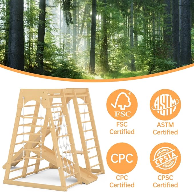 Toddler Jungle Gym, 66" Indoor Playground Set with Swing, Rock Climb Wall, Slide, Monkey Bars, Wood & Rope Ladder, Rope Wall Ladder for Kids 1-8yrs