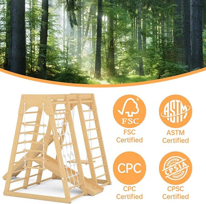 Toddler Jungle Gym, 66" Indoor Playground Set with Swing, Rock Climb Wall, Slide, Monkey Bars, Wood & Rope Ladder, Rope Wall Ladder for Kids 1-8yrs